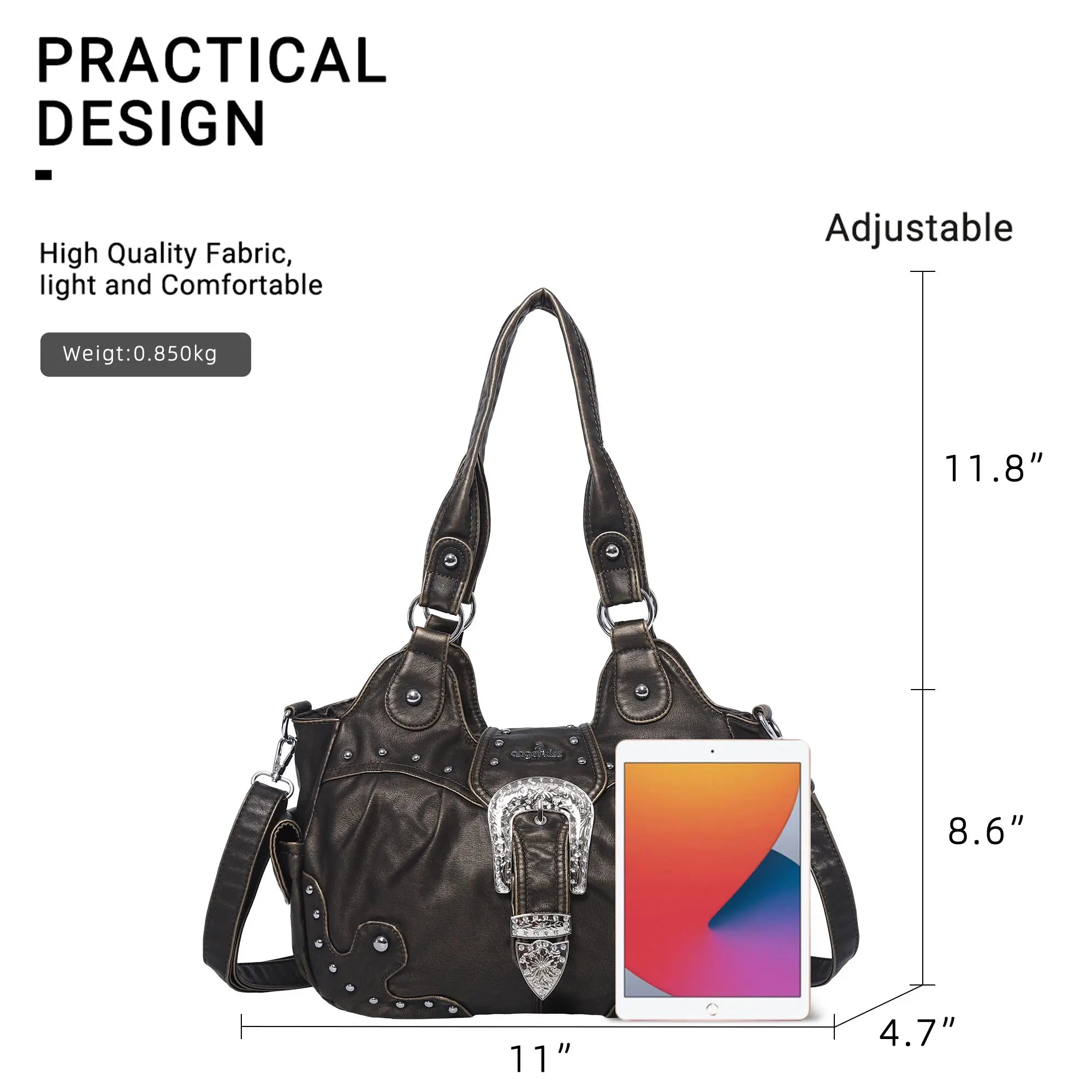 Studded Buckle Satchel Shoulder Bag with Crossbody Strap