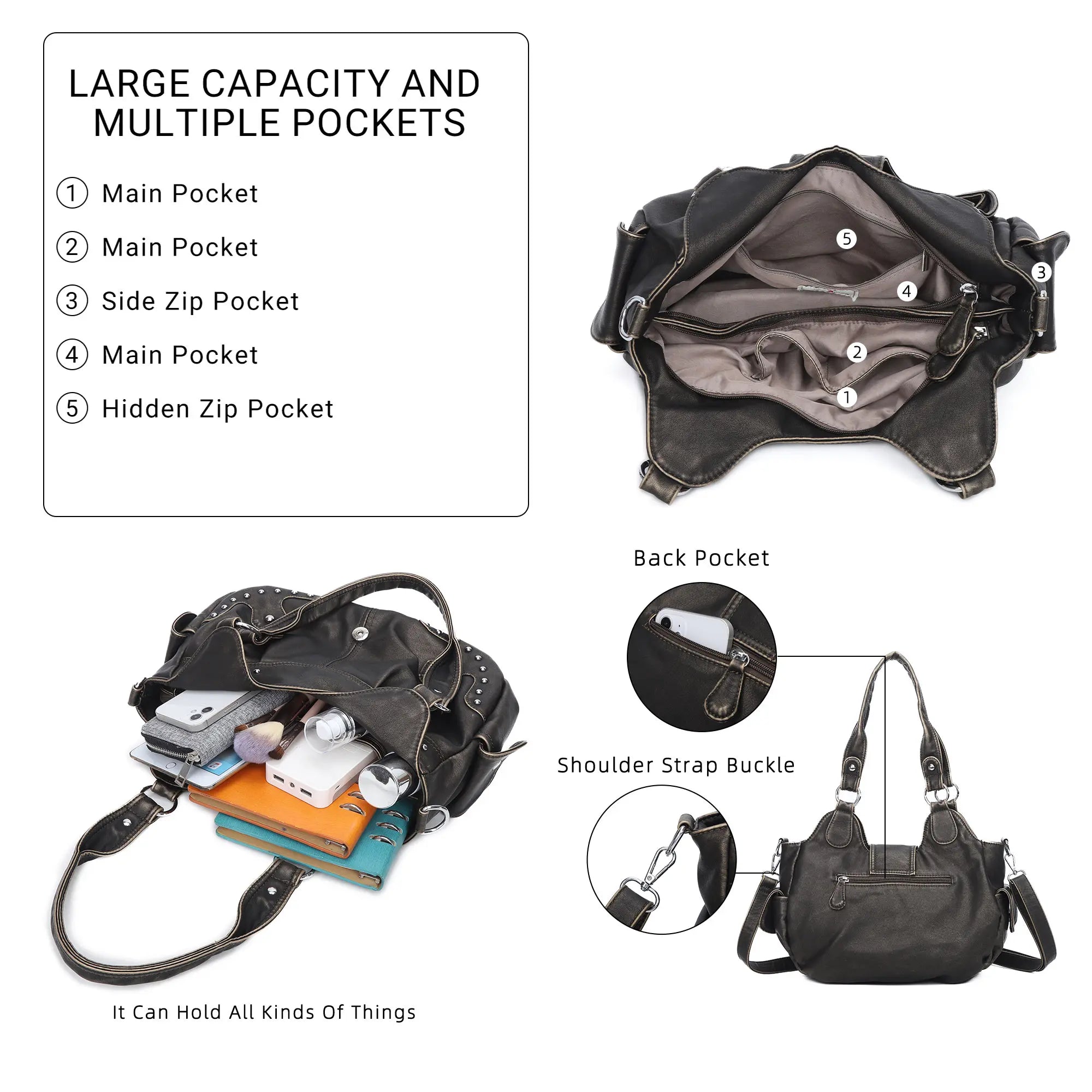 Studded Buckle Satchel Shoulder Bag with Crossbody Strap