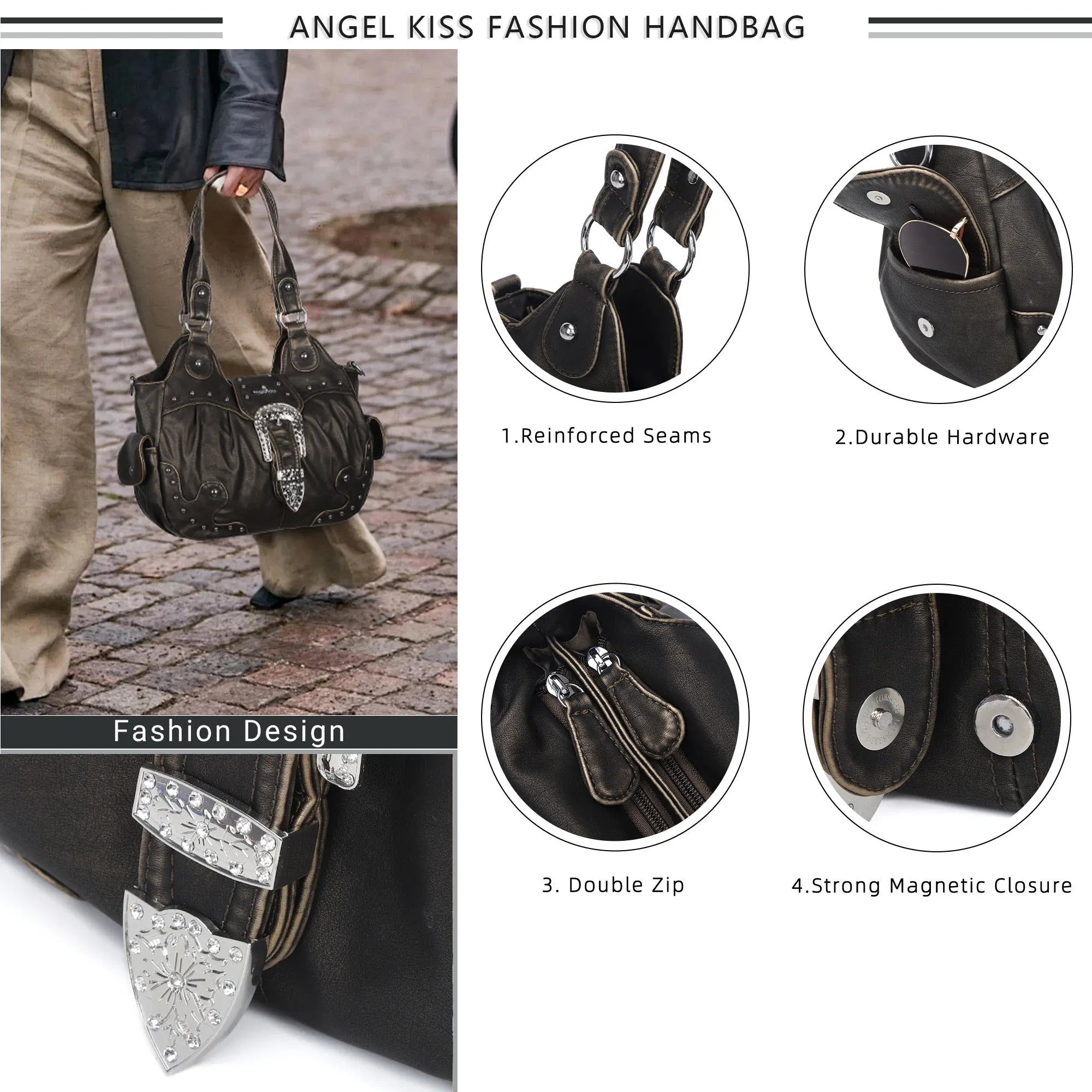 Studded Buckle Satchel Shoulder Bag with Crossbody Strap