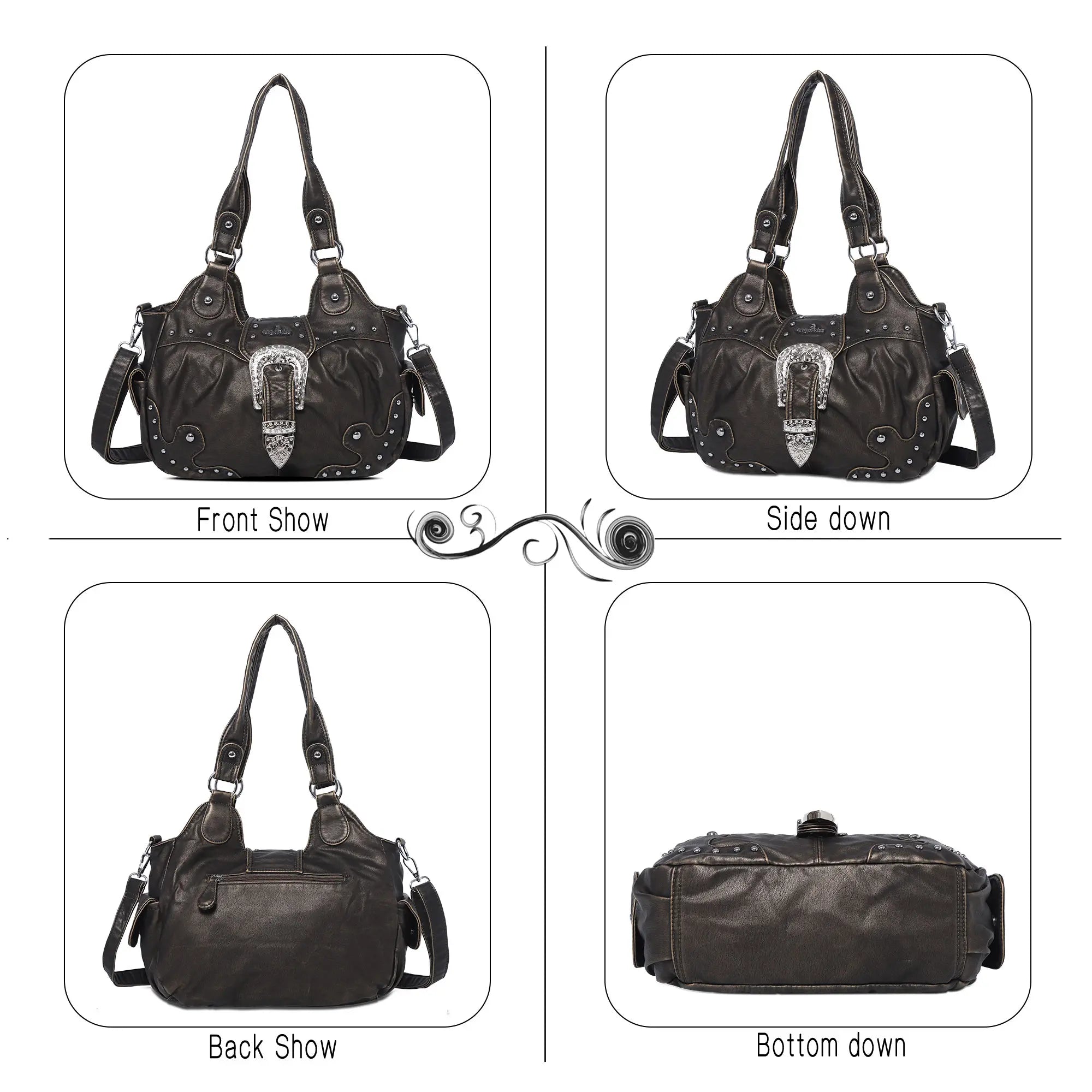 Studded Buckle Satchel Shoulder Bag with Crossbody Strap
