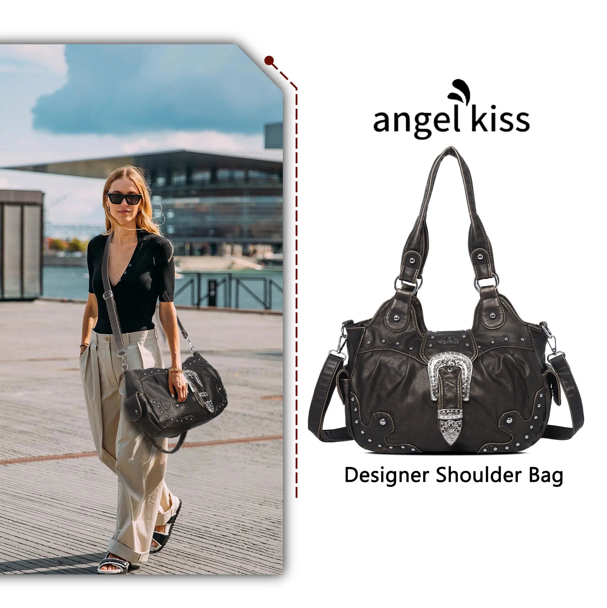Studded Buckle Satchel Shoulder Bag with Crossbody Strap
