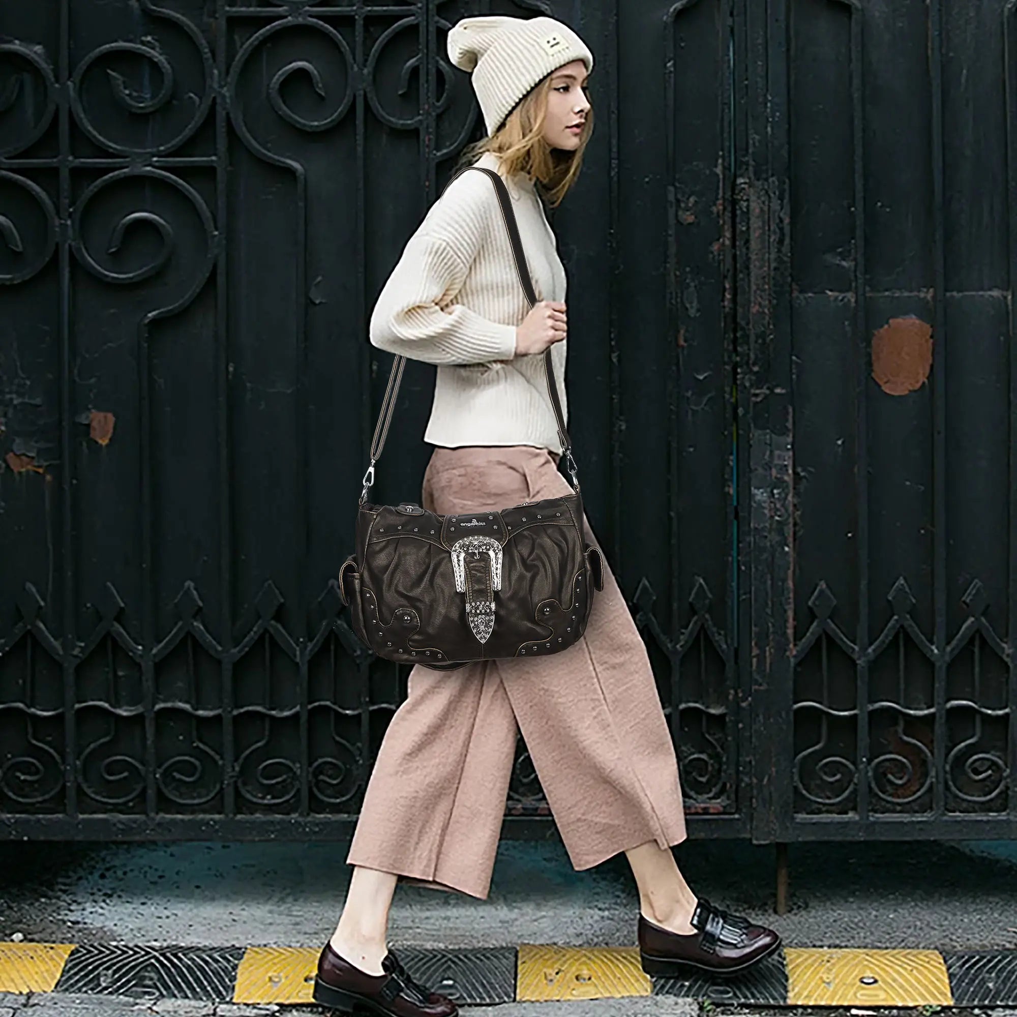 Studded Buckle Satchel Shoulder Bag with Crossbody Strap