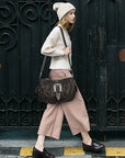 Studded Buckle Satchel Shoulder Bag with Crossbody Strap