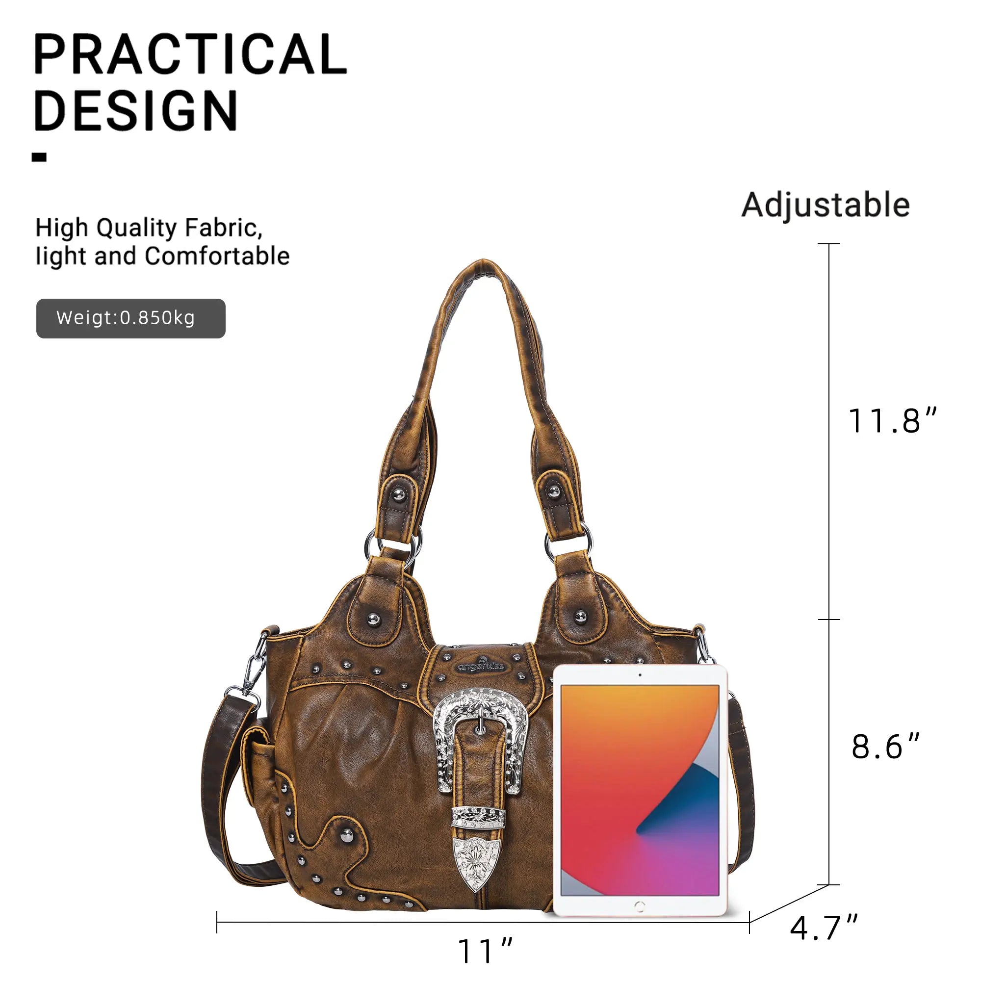 Studded Buckle Satchel Shoulder Bag with Crossbody Strap