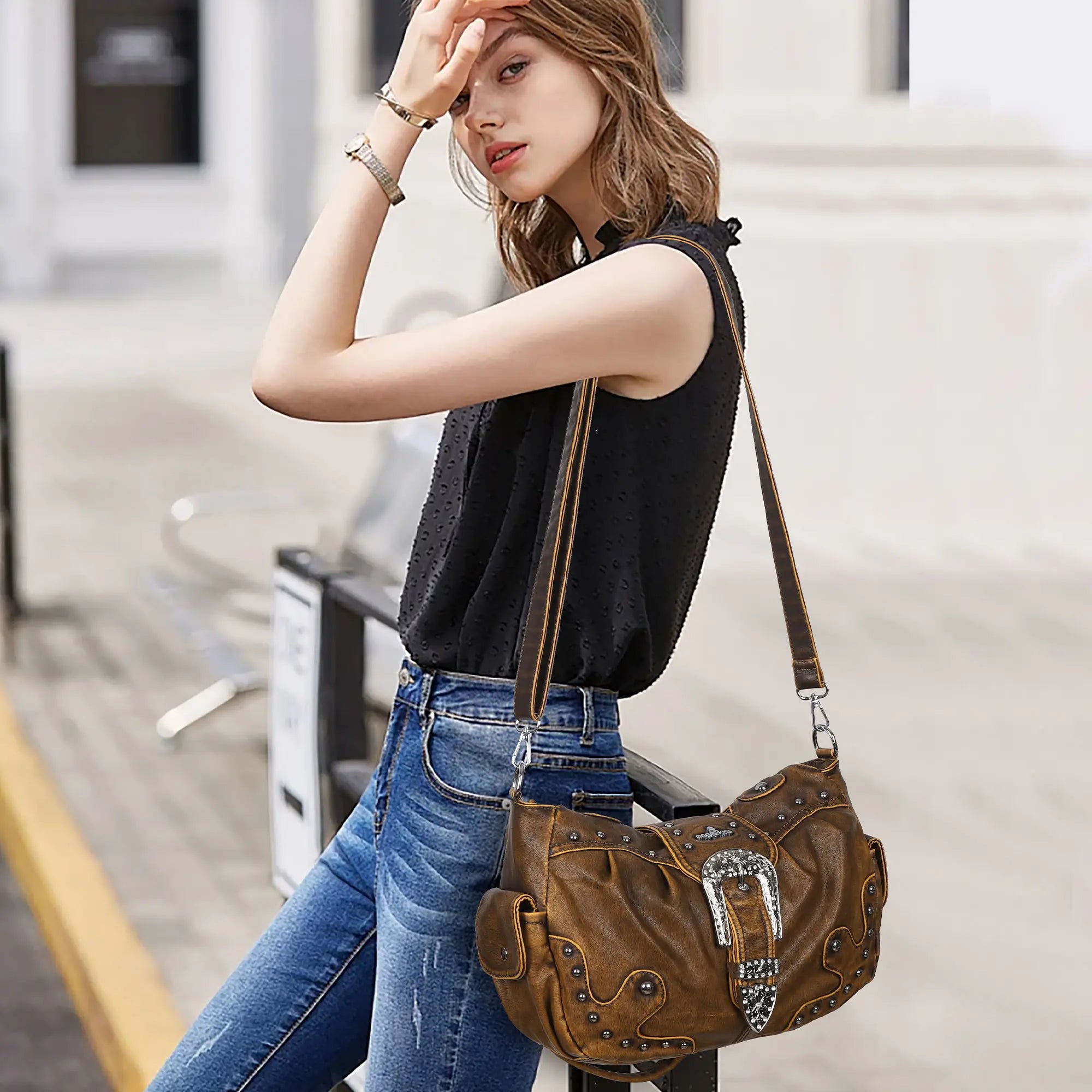 Studded Buckle Satchel Shoulder Bag with Crossbody Strap