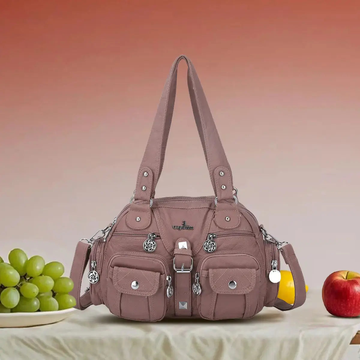 Small Double-Handle Shoulder Bag with Multiple Front Pockets