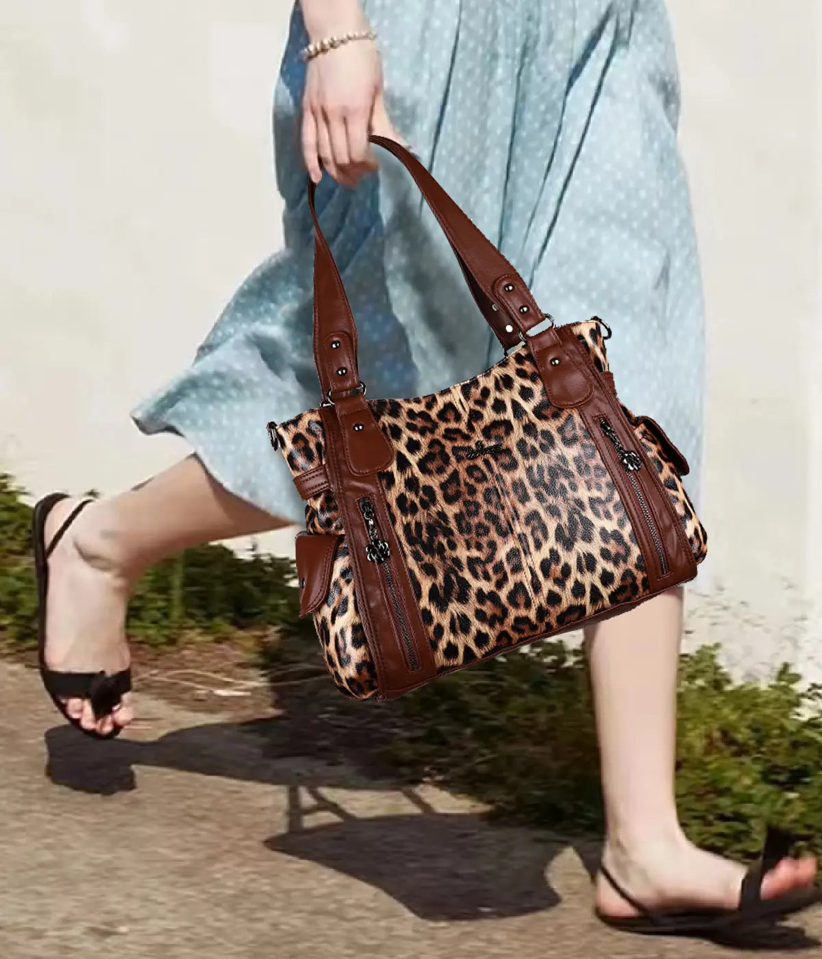 Large Leopard Print Multi-Pocket Satchel Bag for Women