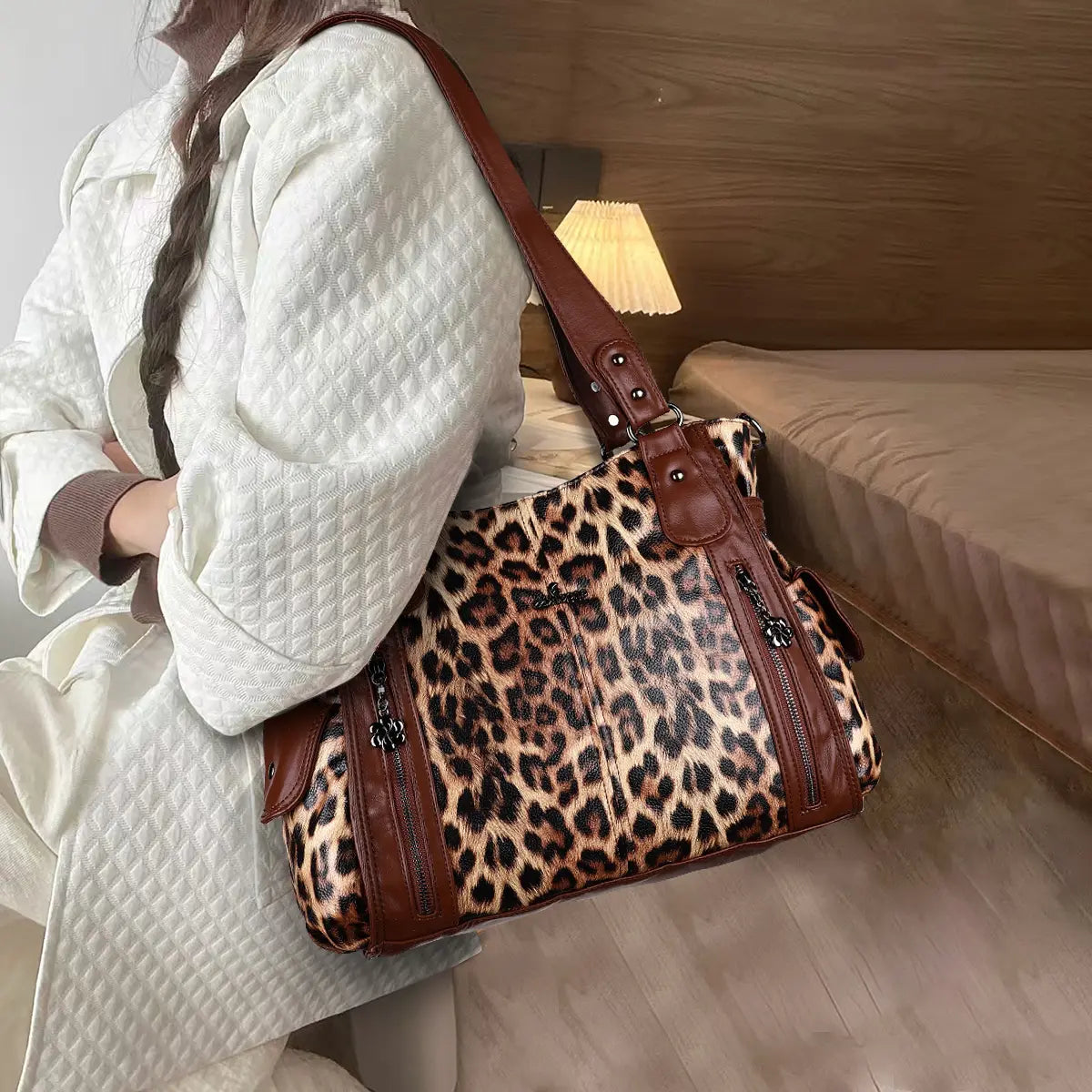 Large Leopard Print Multi-Pocket Satchel Bag for Women