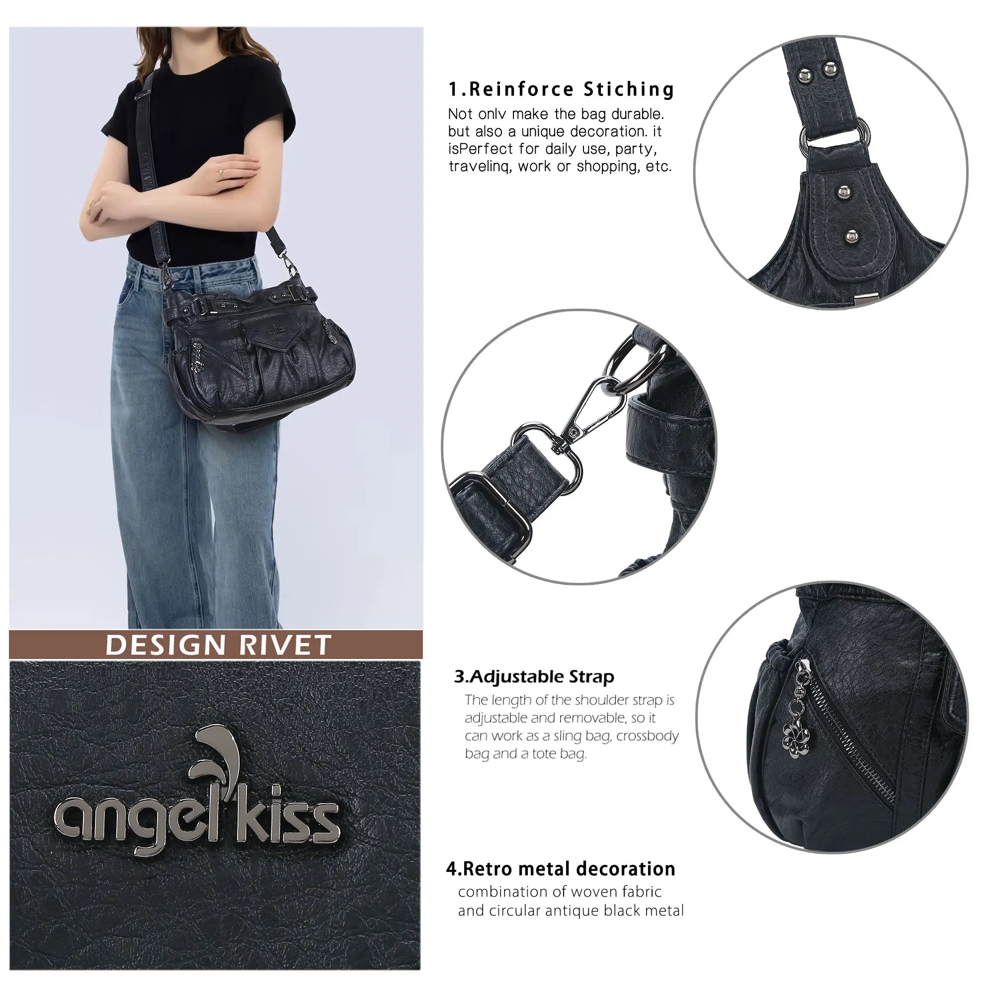 Multiple Zipper Crossbody Grunge Retro Bag