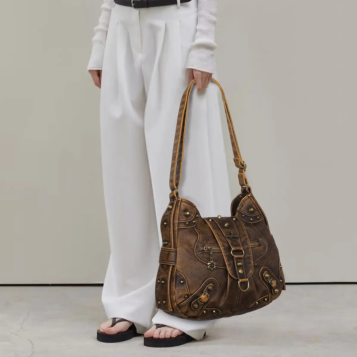 Y2K Convertible Hobo Shoulder Bag with Rivet Details