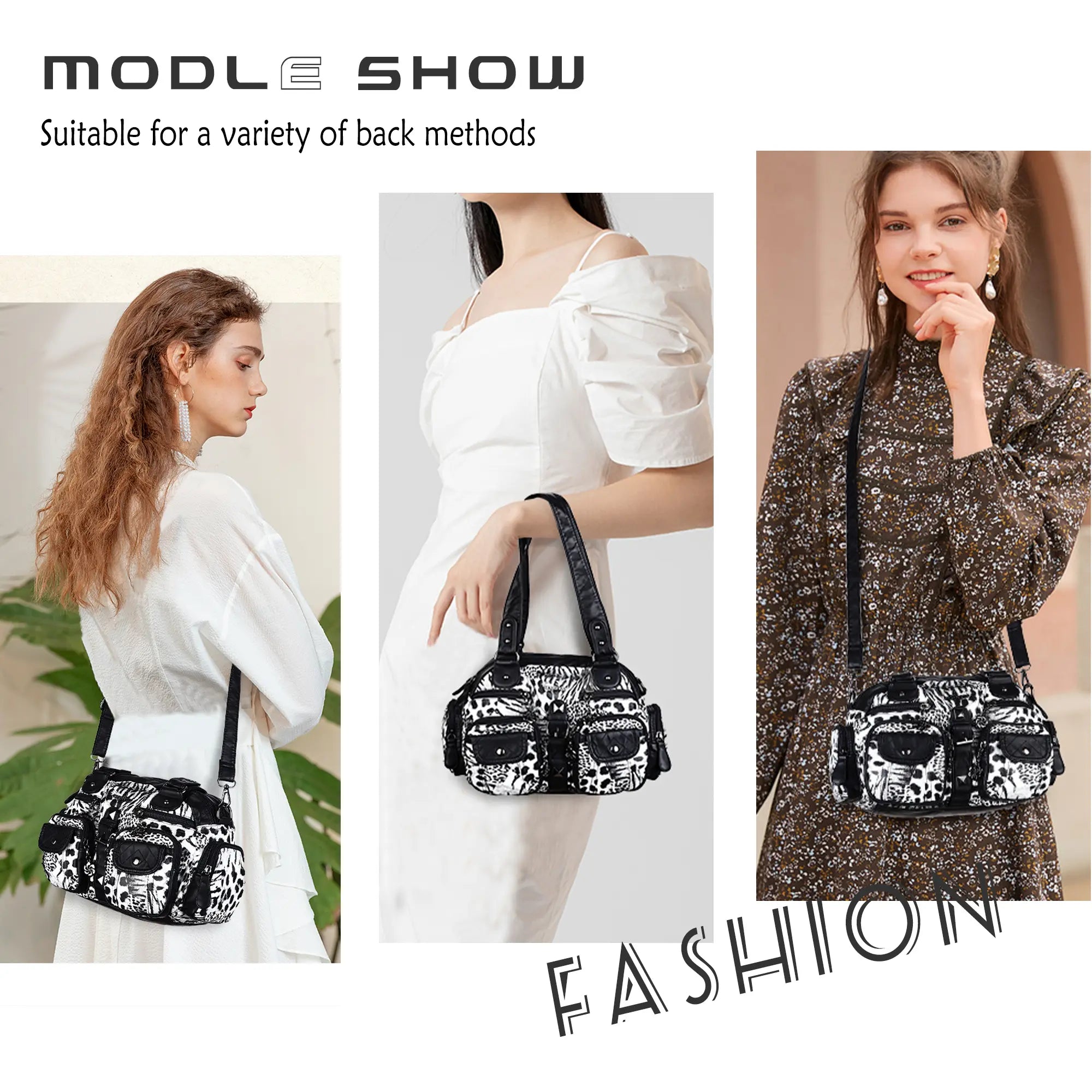 Leopard Print Multi-Pocket Shoulder Bag with Studded Buckle Details