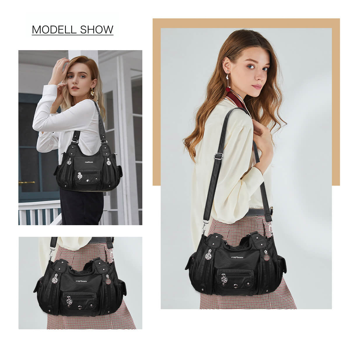 Soft PU Multi-Pocket Shoulder Purse with Crossbody Strap