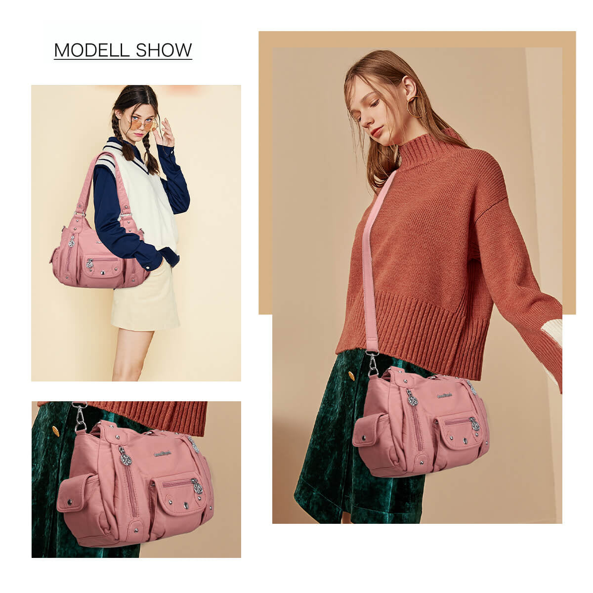 Soft PU Multi-Pocket Shoulder Purse with Crossbody Strap