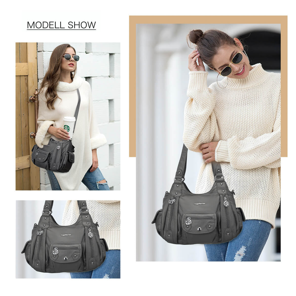Soft PU Multi-Pocket Shoulder Purse with Crossbody Strap