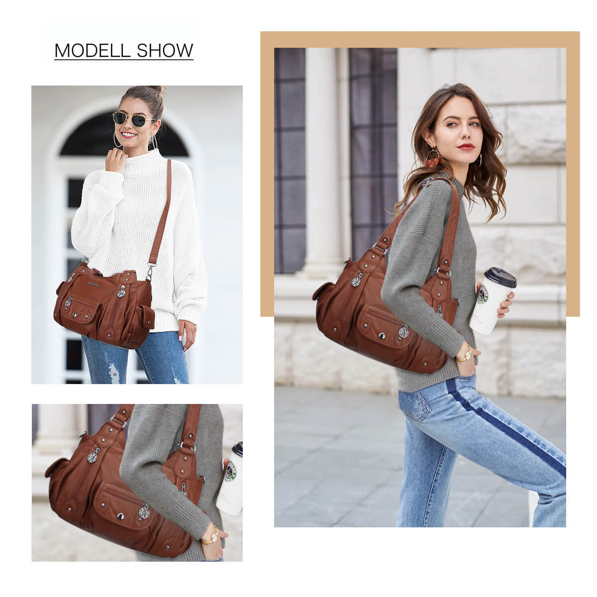 Soft PU Multi-Pocket Shoulder Purse with Crossbody Strap