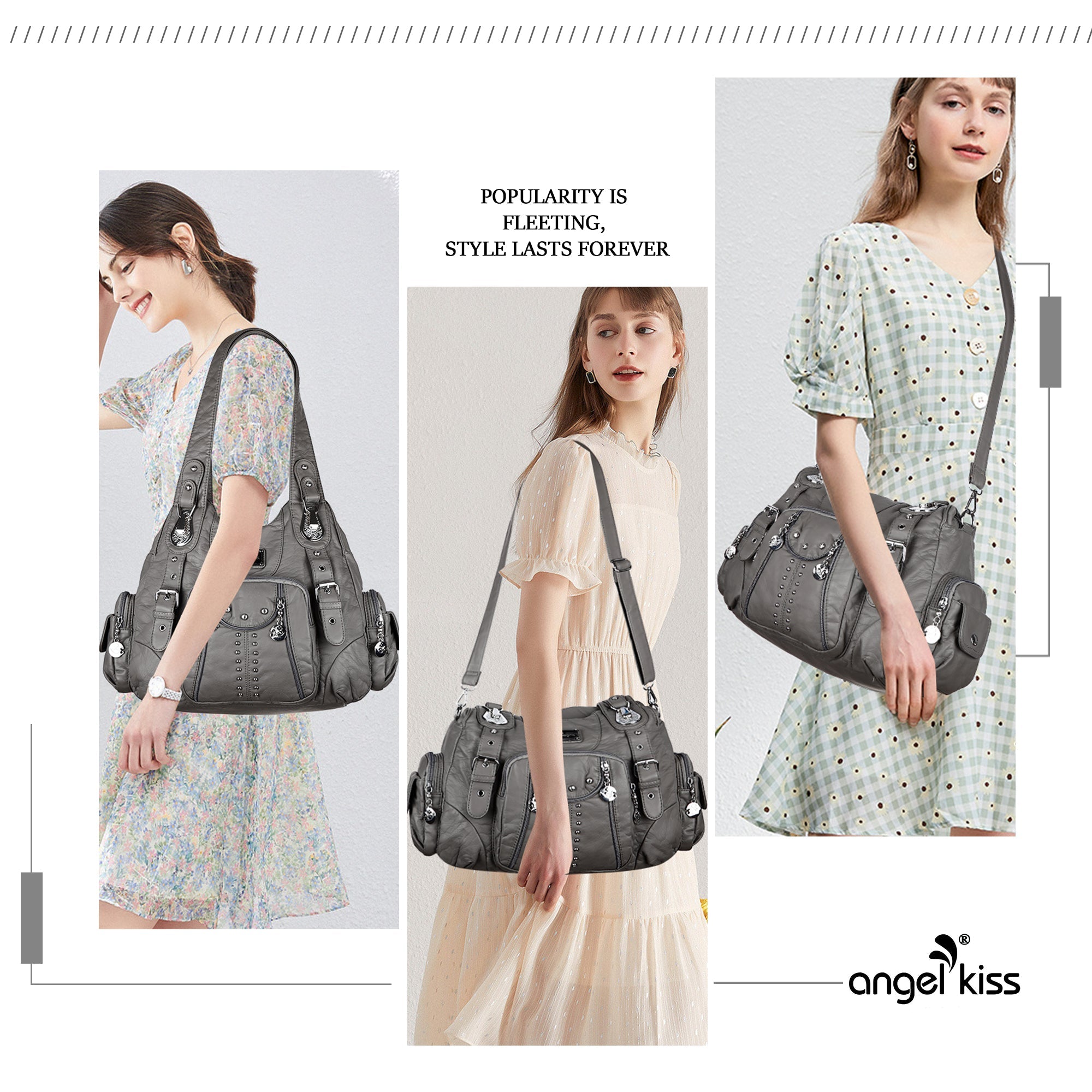 Women Shouder Handbag of Washed PU with Multi-pockets-Angelkiss Bag