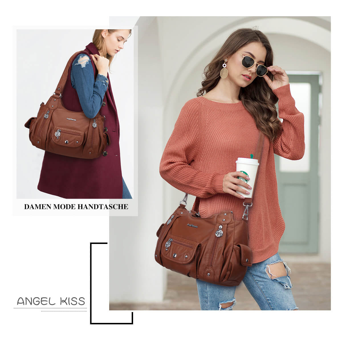 Soft PU Multi-Pocket Shoulder Purse with Crossbody Strap