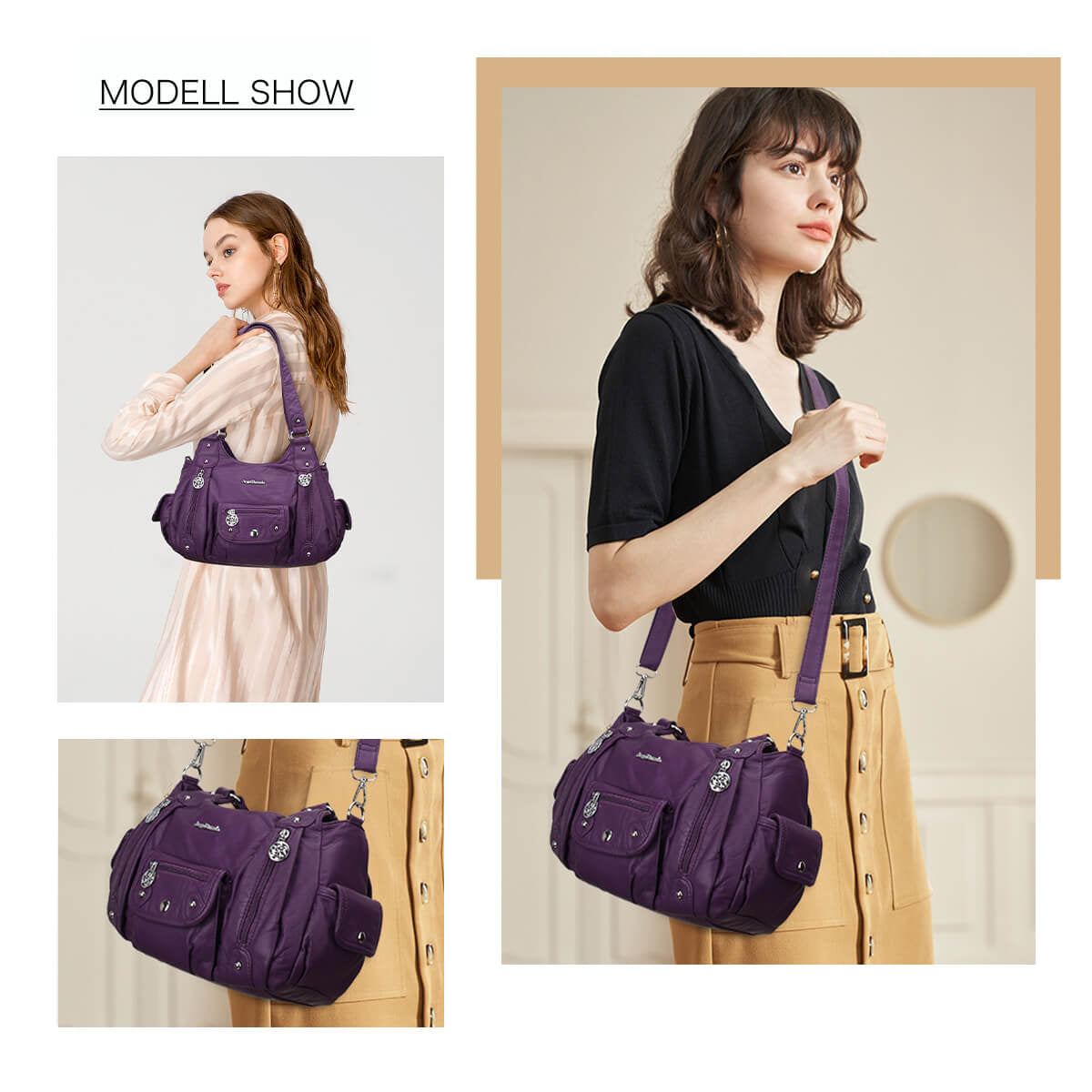 Soft PU Multi-Pocket Shoulder Purse with Crossbody Strap