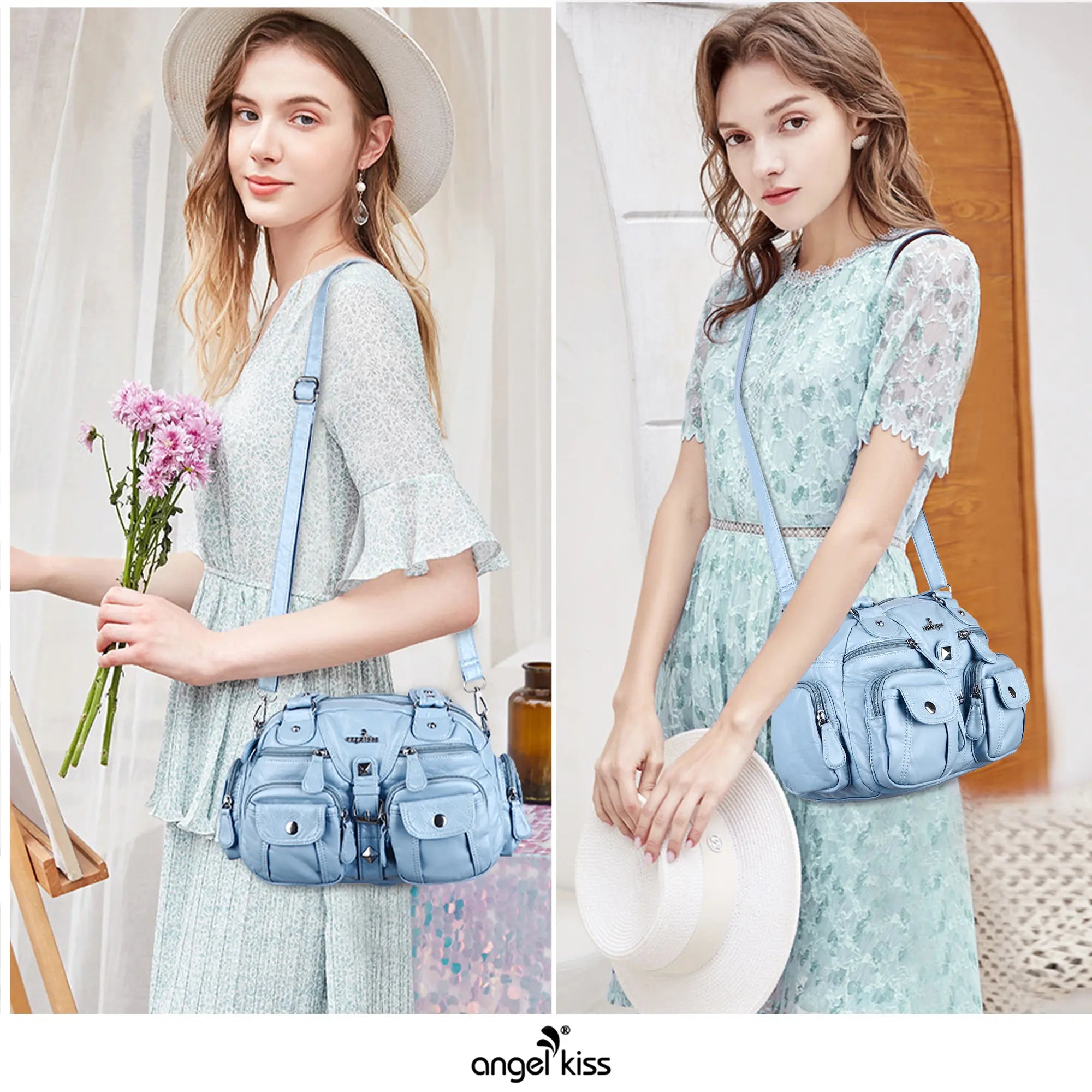 Leopard Print Multi-Pocket Shoulder Bag with Studded Buckle Details