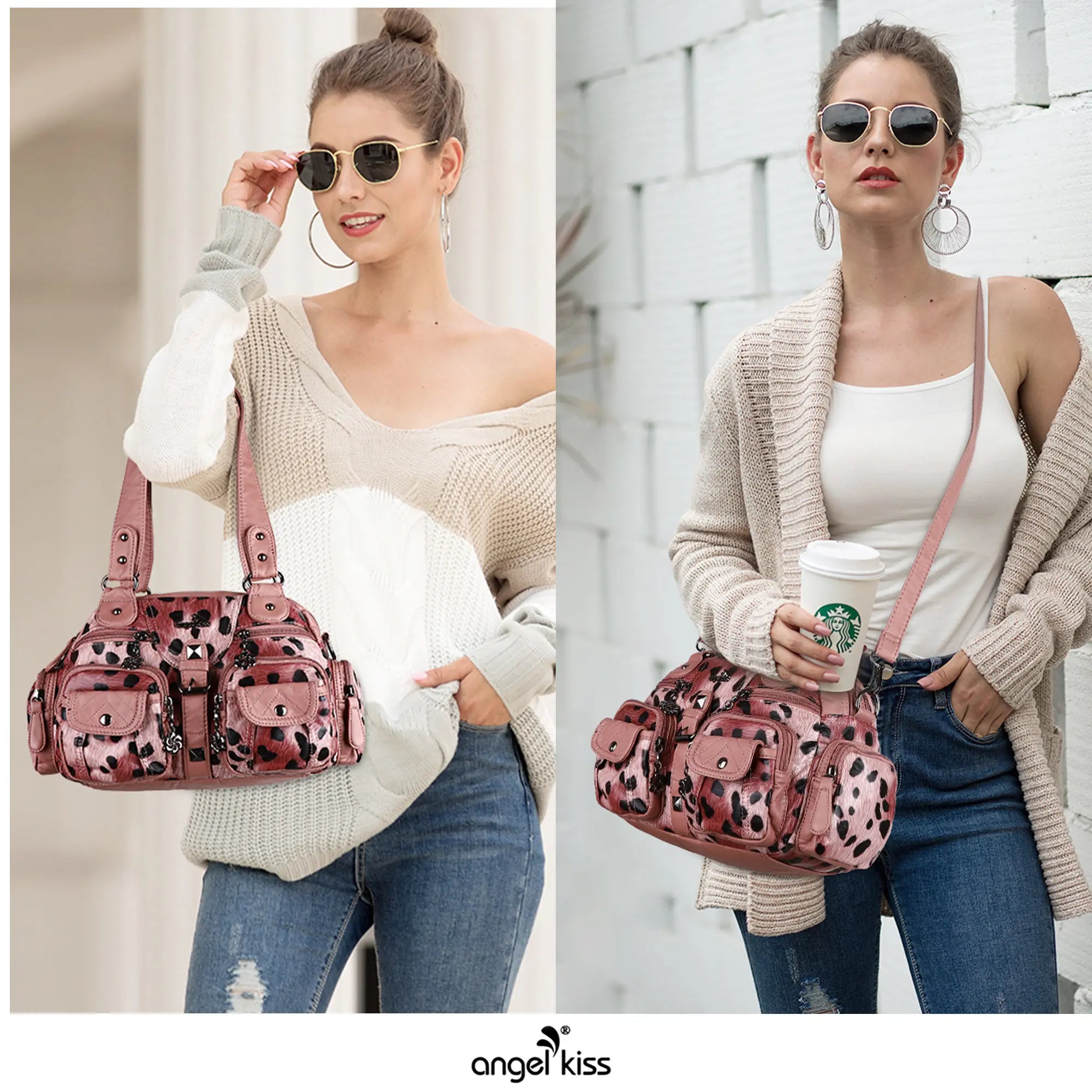Leopard Print Multi-Pocket Shoulder Bag with Studded Buckle Details