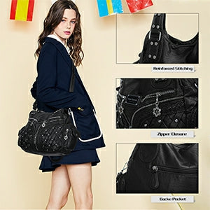Women Large capacity hobo  Handbag Washed PU Leather-Angelkiss Bag