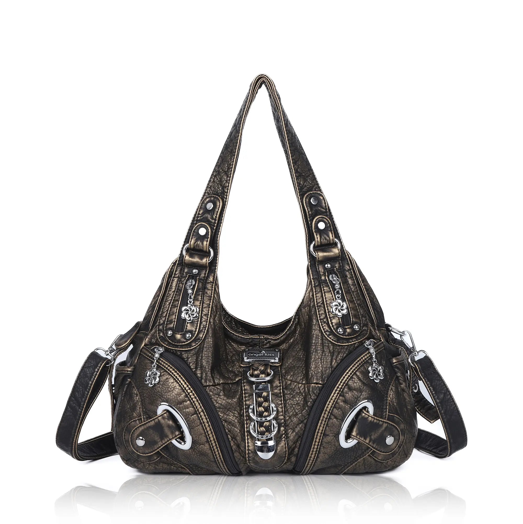 Solid Color Convertible Shoulder Bag with Zip Compartments
