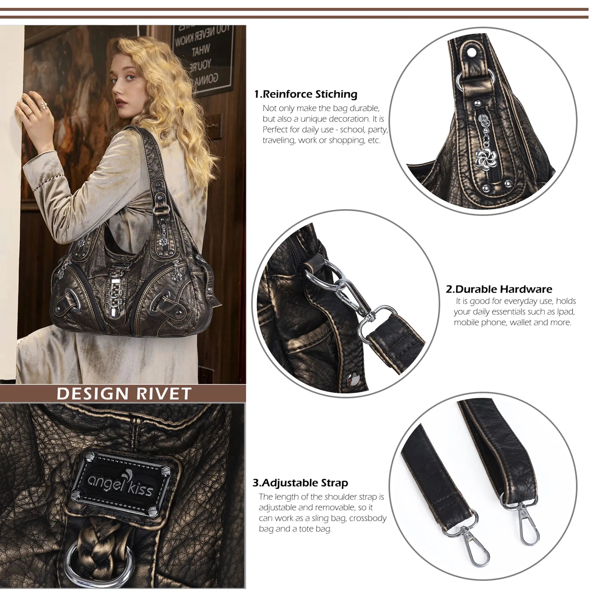 Solid Color Convertible Shoulder Bag with Zip Compartments