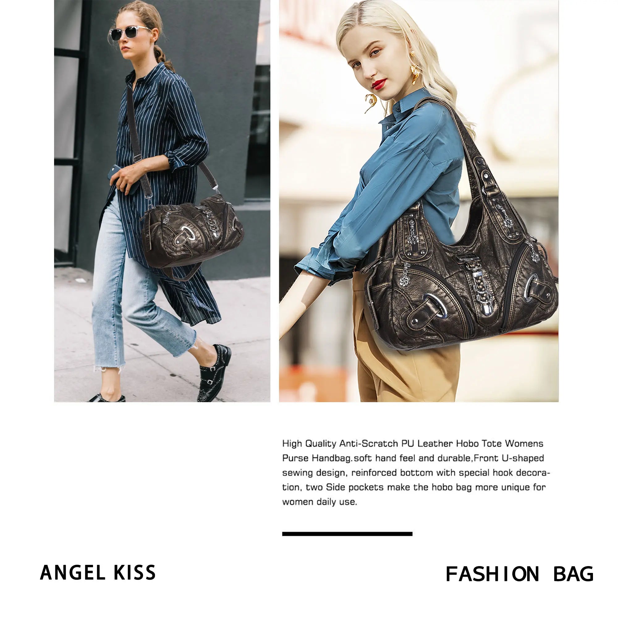 Solid Color Convertible Shoulder Bag with Zip Compartments