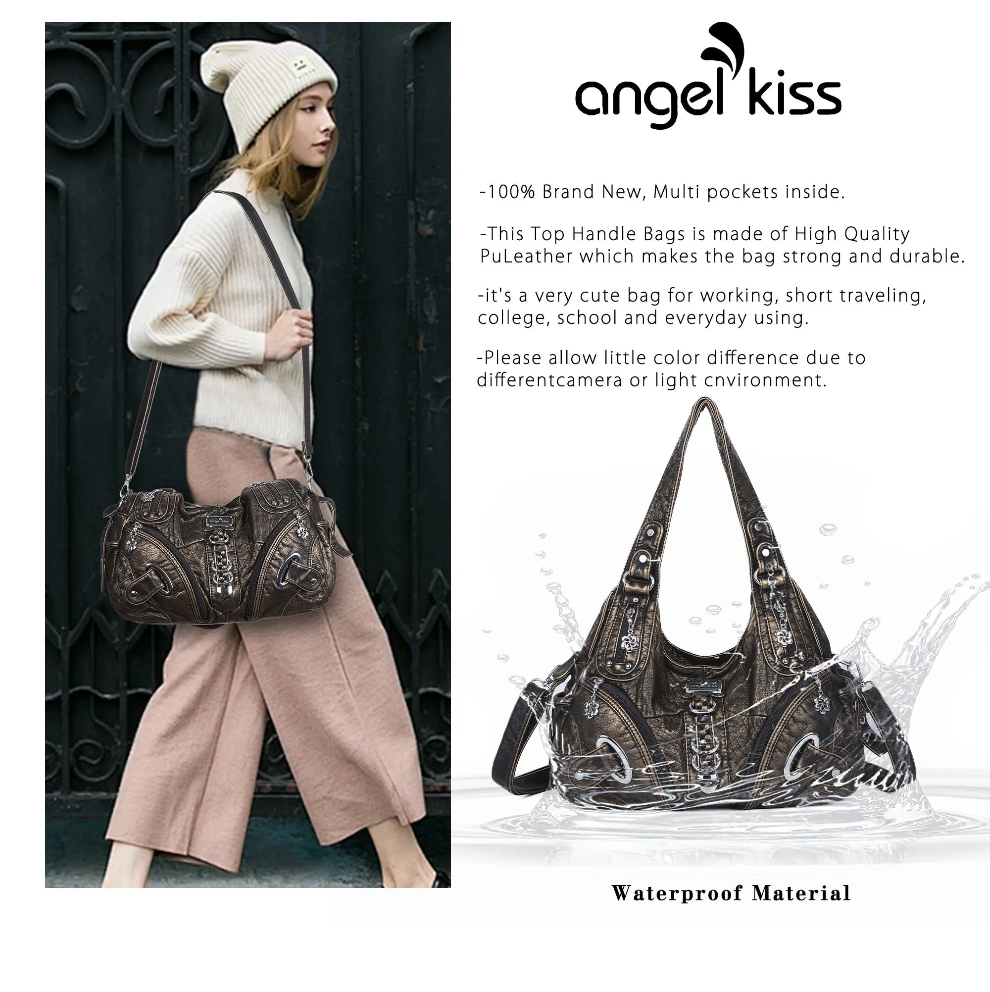 Solid Color Convertible Shoulder Bag with Zip Compartments