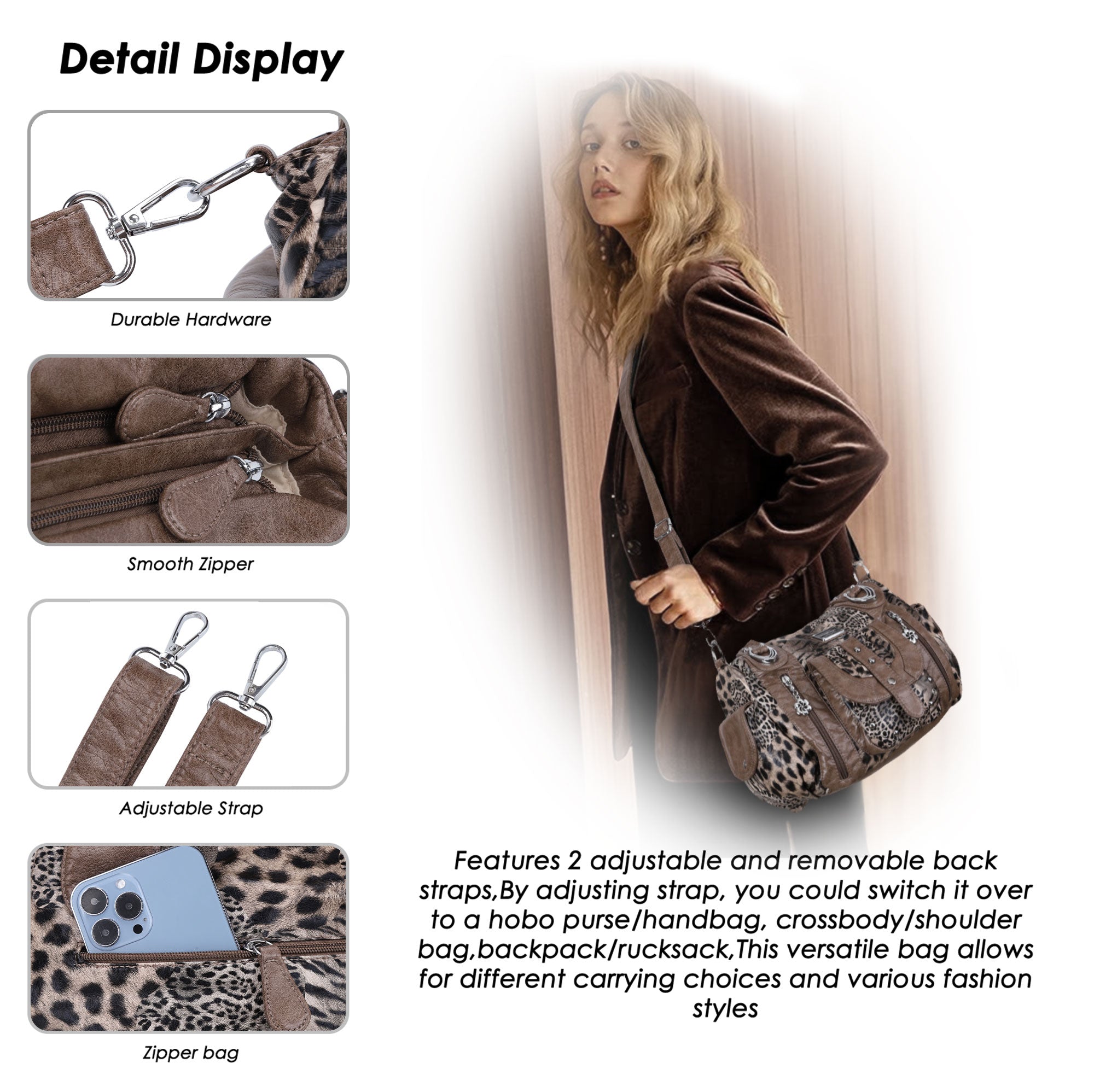 Women’s Large Leopard Print Multi-Pocket Hobo Shoulder Bag