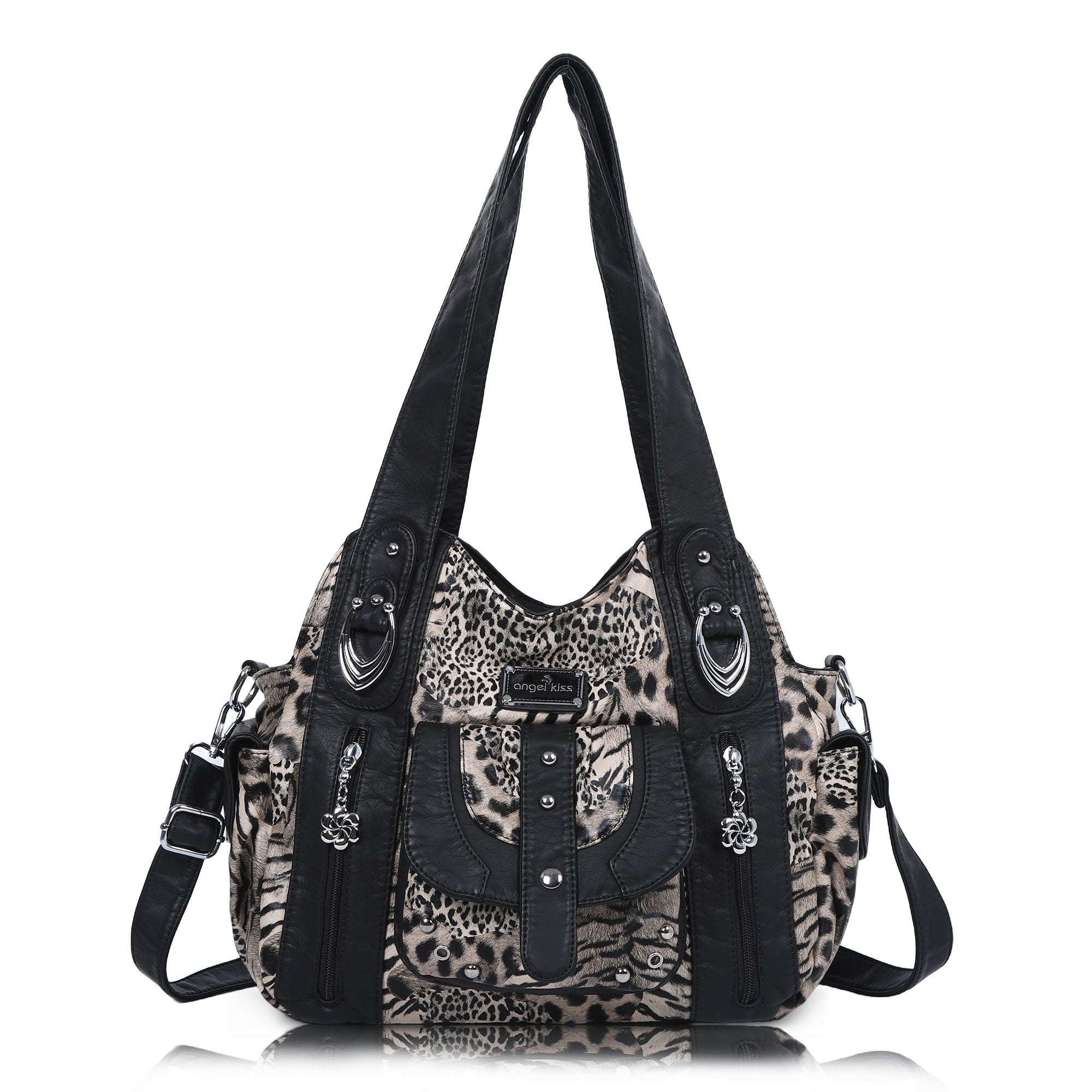 Women’s Large Leopard Print Multi-Pocket Hobo Shoulder Bag