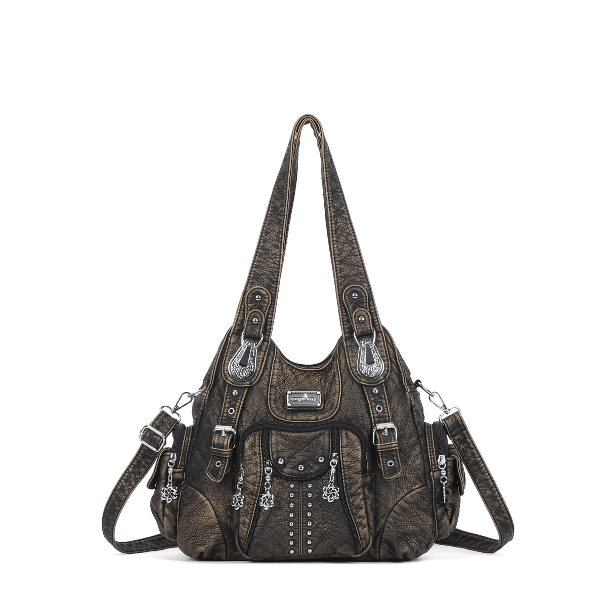 Studded Utility Carryall Shoulder Bag with Multi-Zip Pockets