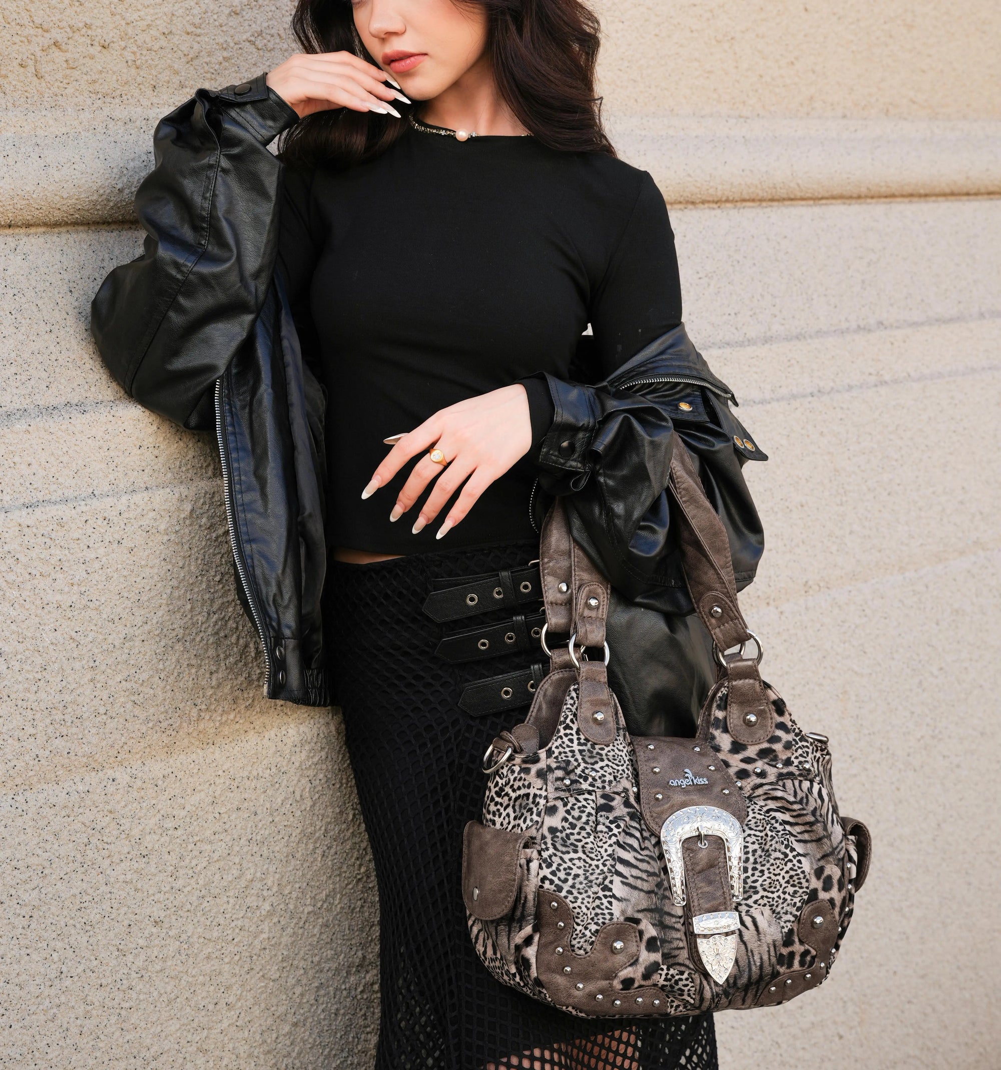 Y2K Leopard Print Studded Large Satchel Bag
