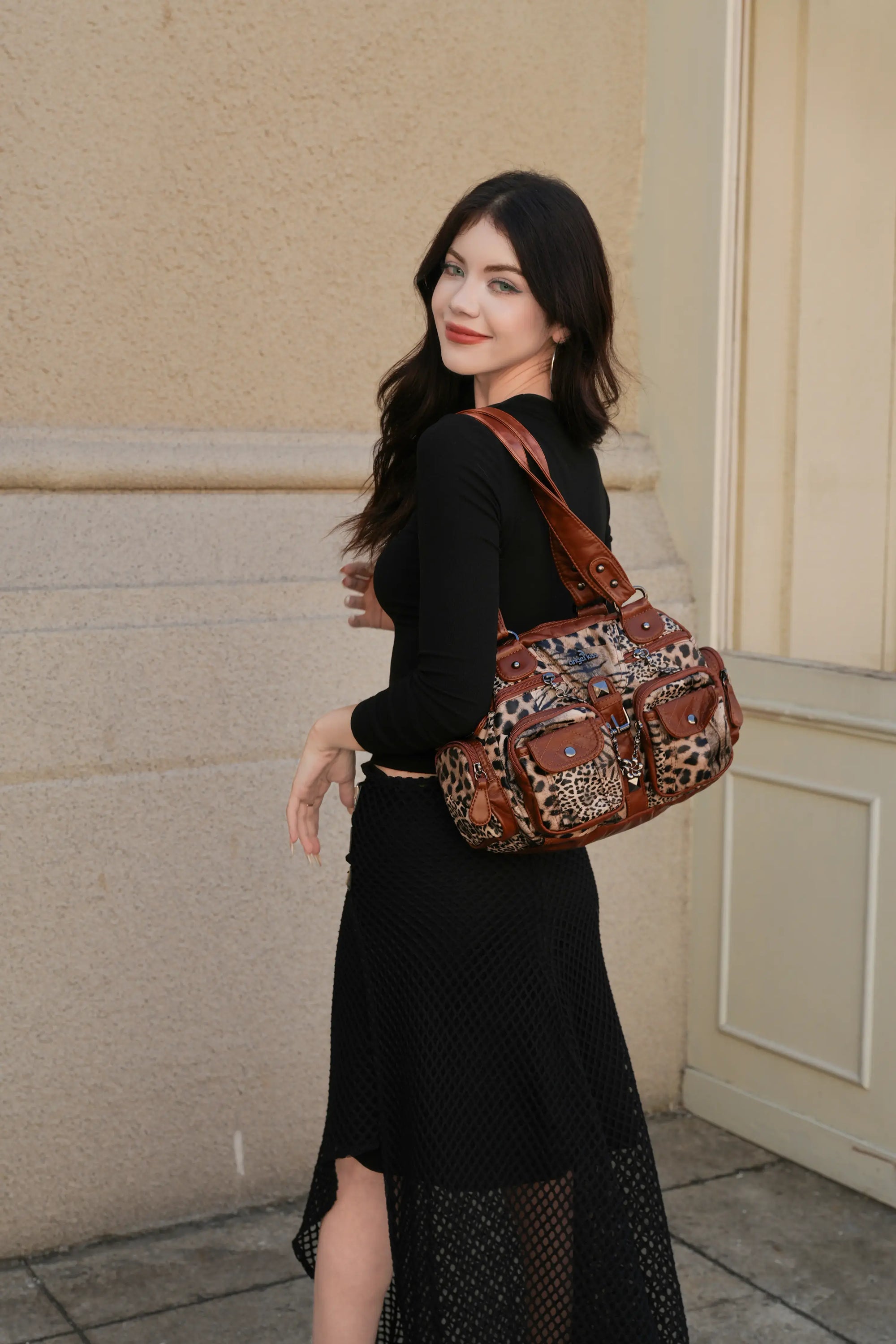Leopard Print Multi-Pocket Shoulder Bag with Studded Buckle Details