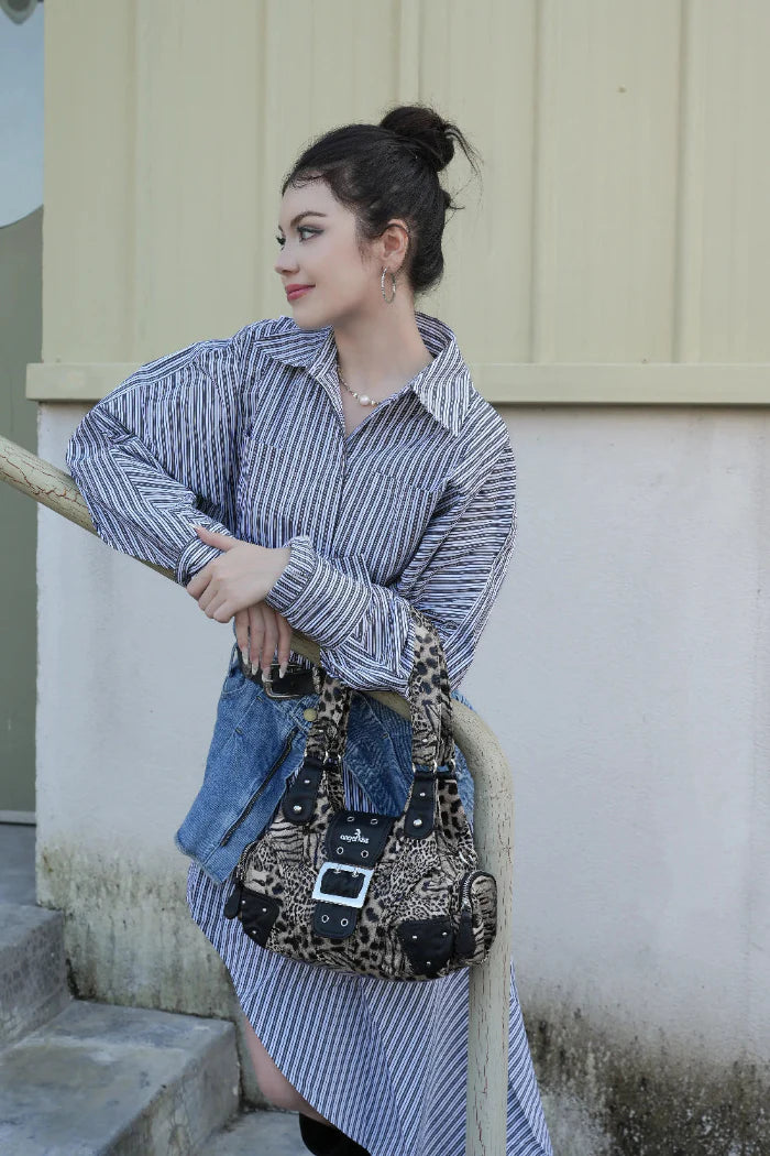 Y2K Leopard Patchwork Crossbody Bag – Front Buckle Retro Shoulder Handbag
