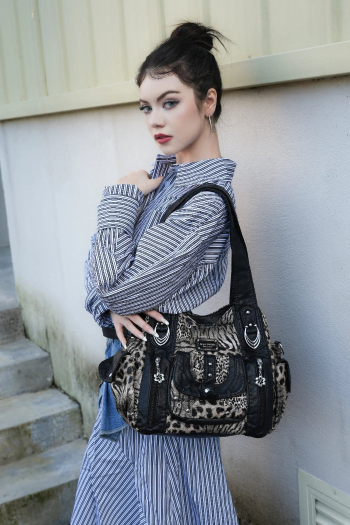 Women’s Large Leopard Print Multi-Pocket Hobo Shoulder Bag