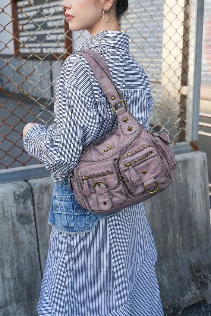 Y2K Utility Washed Shoulder Bag - Multi-Pocket Crossbody