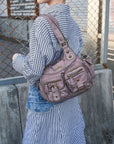 Y2K Utility Washed Shoulder Bag - Multi-Pocket Crossbody