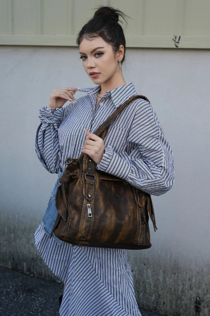 Whimsigoth Studded Shoulder Purse – Casual Weathered Satchel
