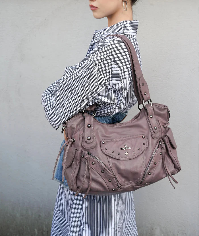 Studded Slouchy Hobo Shoulder Bag with Side-Tie Details