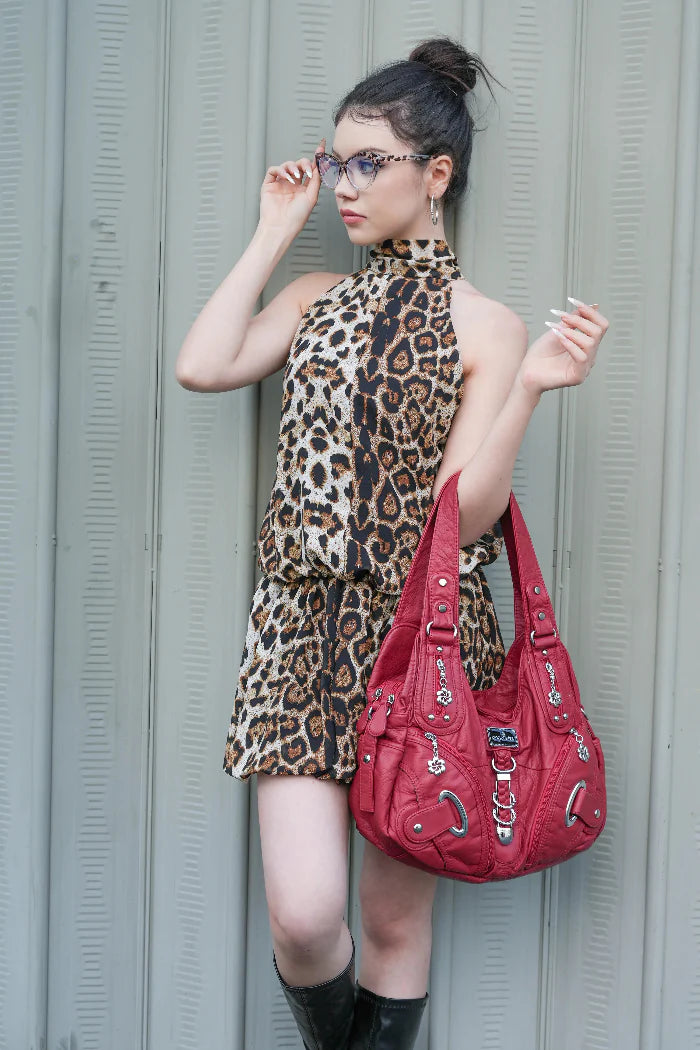 Solid Color Convertible Shoulder Bag with Zip Compartments