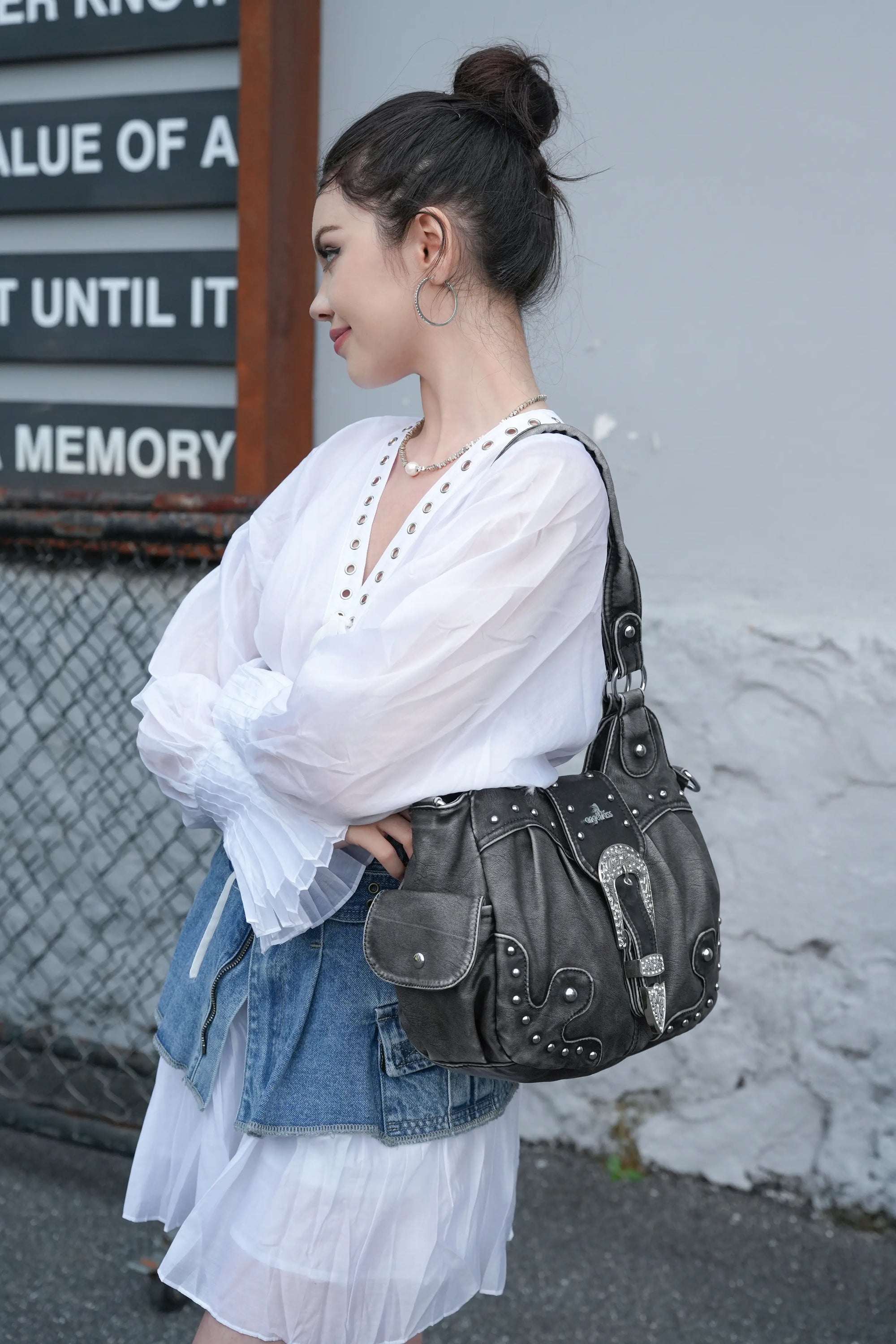 Studded Buckle Satchel Shoulder Bag with Crossbody Strap
