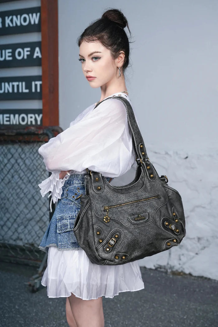 Hobo Purses Vegan Leather Retro Metal Studs Y2K Designer Bags for Women