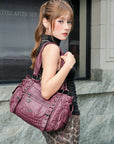 Vintage Distressed Vegan PU Studded Multi-Pocket Shoulder Tote Bag