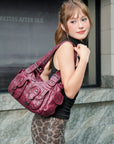 Vintage Washed Multi-Pocket Purse - Punk Studded Crossbody Shoulder Bag for Women