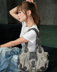 Studded Buckle Satchel Shoulder Bag with Crossbody Strap