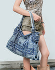Oversized Vintage Denim Tote Bag | Studded Y2K Shoulder Purse