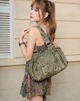 Lace-Up Multi-Pocket Hobo Shoulder Bag