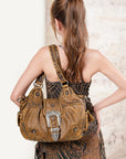 Studded Buckle Satchel Shoulder Bag with Crossbody Strap