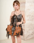 Studded Buckle Satchel Shoulder Bag with Crossbody Strap